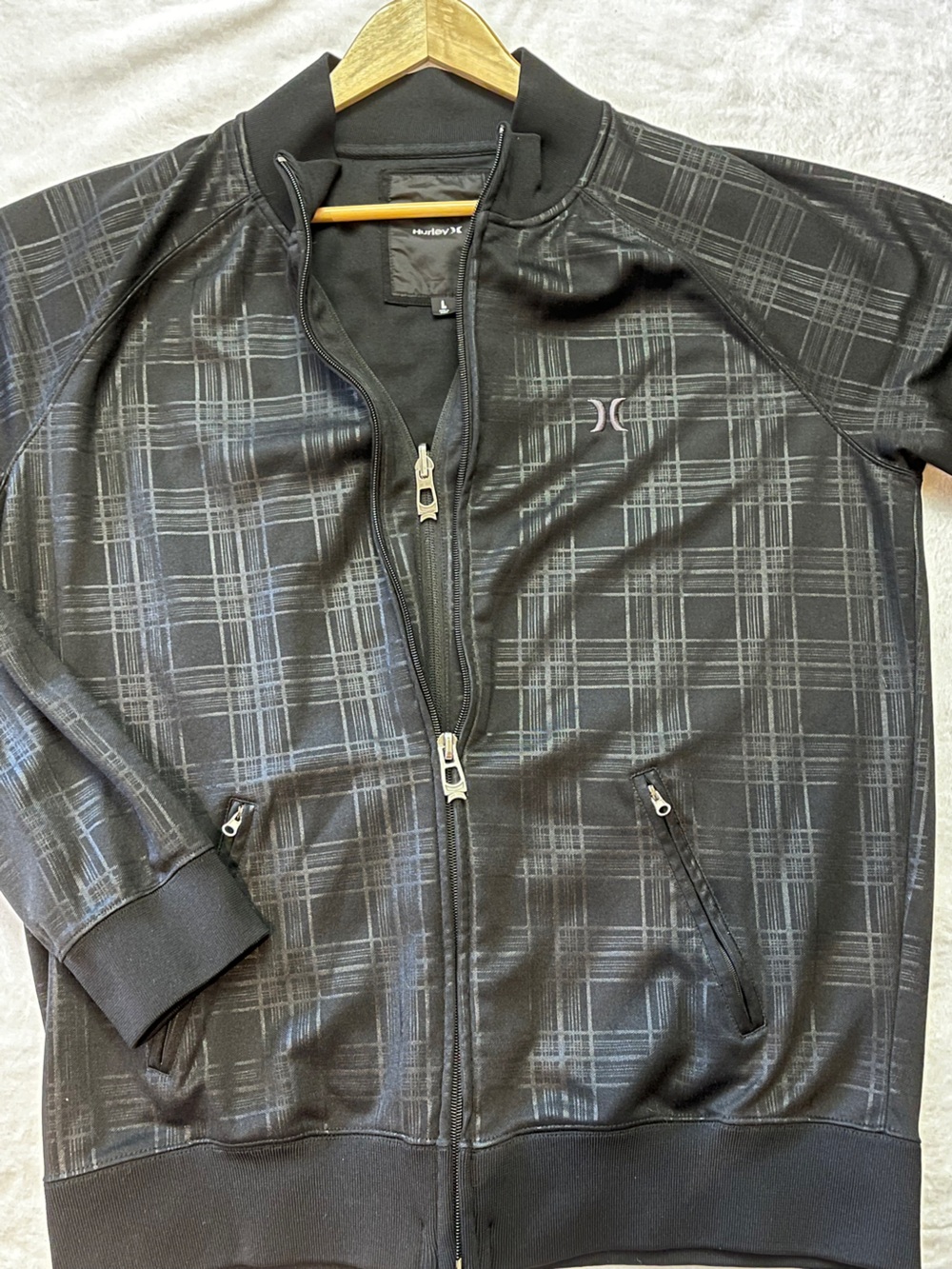Hurley Black and Gray Plaid Zip Bomber Jacket